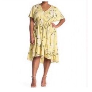 Rachel Roy Floral Wrap Dress Women's Size 4X Yellow Flared Sleeve Midi a